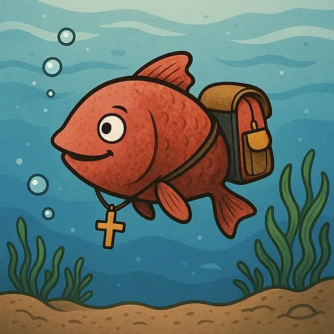 Ein kleiner neugieriger Fisch mit Schulranzen und Kreuzkette im Comic-Stil
